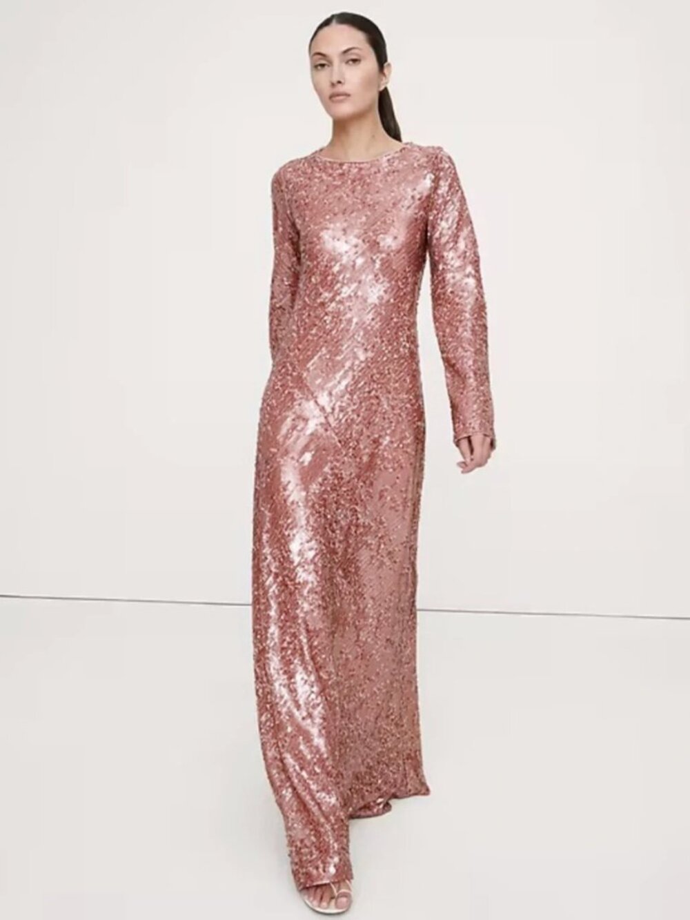Bias-Cut Sequin Maxi Dress in Frosted Pink Sequin